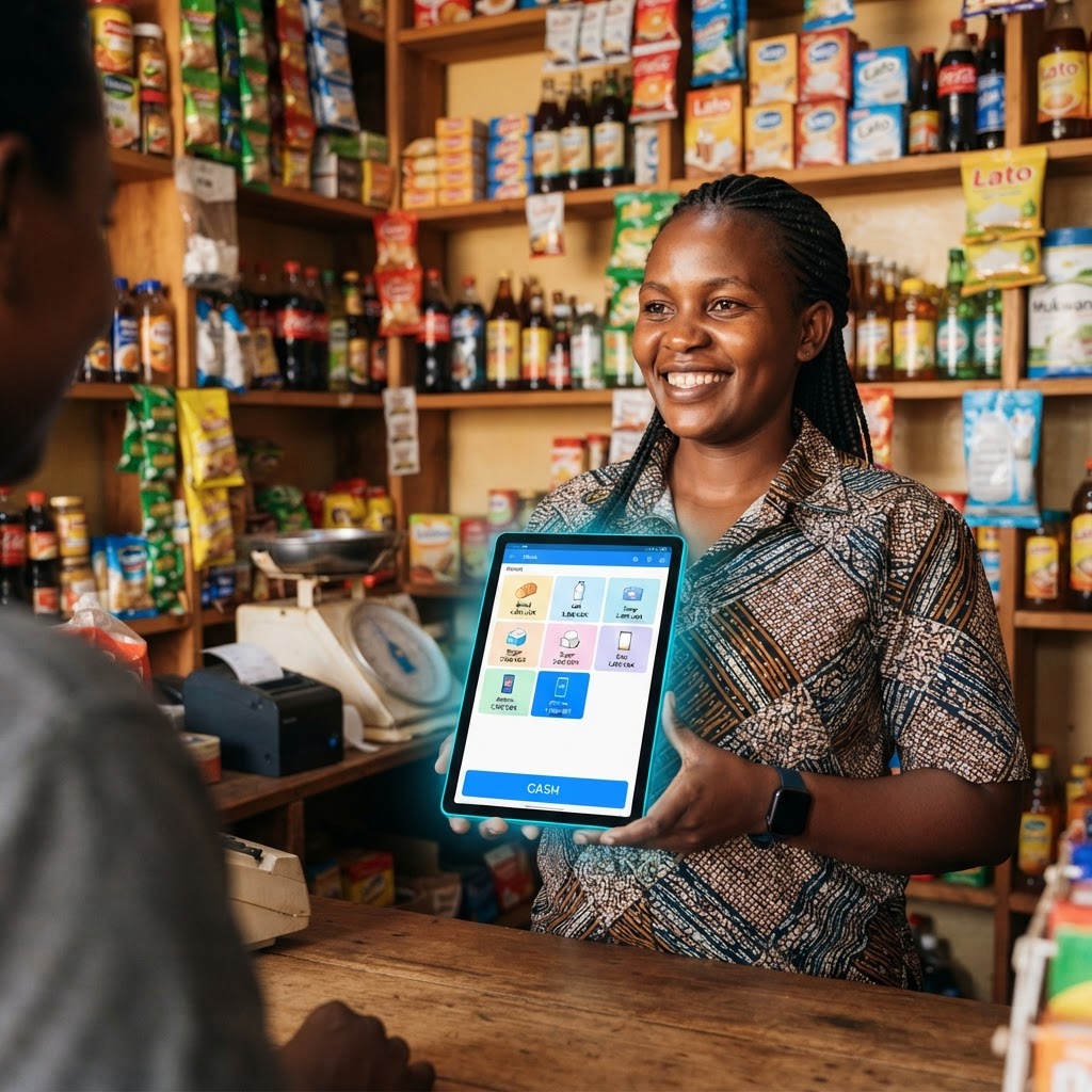 Shopkeeper using DeryAccount POS on a tablet